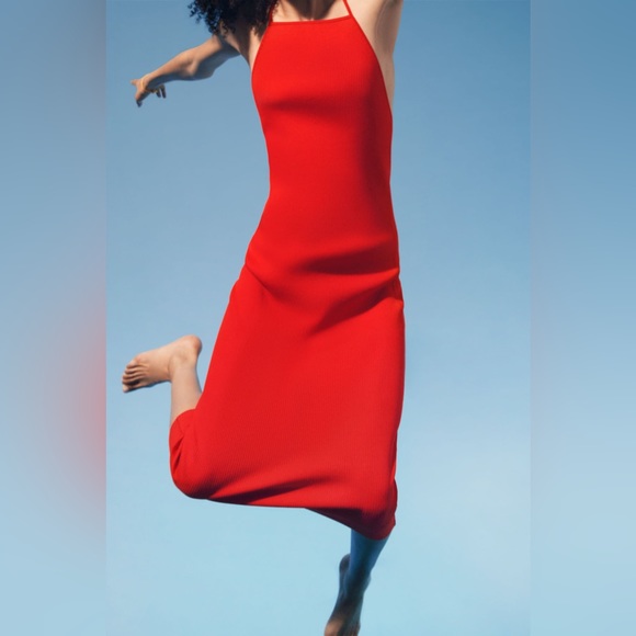 NWT! ZARA Fitted Red Strappy Ribbed Midi Dress - Picture 4 of 15